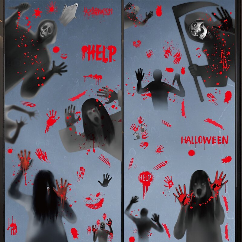 6 Sheets Halloween Window Cling Sticker Decals Decorations Double Side, Bloody Handprint Static Stickers for Halloween Party, Store Window Ghost Shadow Horror Decals