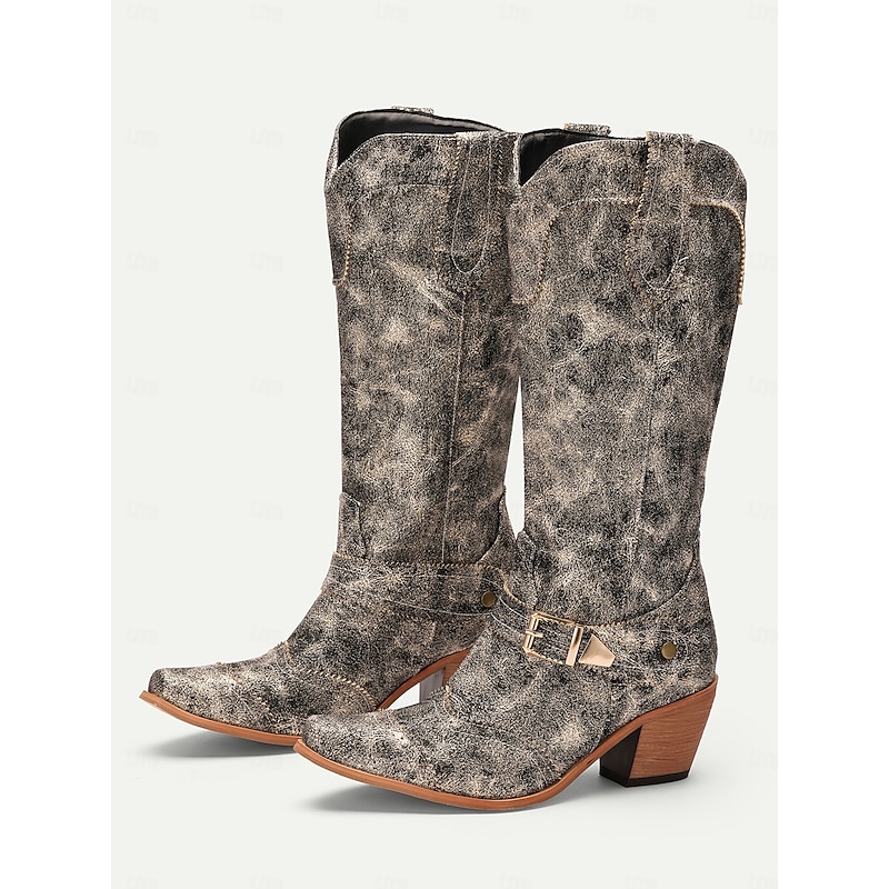 Women's Vintage Western Cowboy Boots - Distressed Metallic Finish with Decorative Buckle and Stacked Heel, Perfect for Country Style and Festivals
