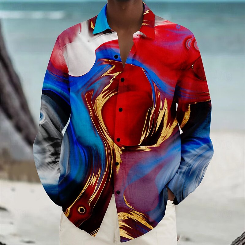 Men's Beach Shirt Button Up Shirt Long Sleeve Hawaiian Vacation Daily Fall Winter Spring & Summer Collared Shirts 3D Print Red Blue Green Multi Color4
