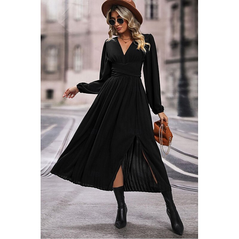 Women's Maxi Dress Black Dress Cocktail Dress Formal Dress Vintage Fashion Daily Loose Fit Solid Color Long Sleeve V Neck Black Spring Fall Winter