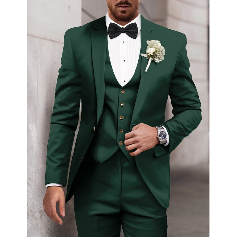 Men's Wedding Suits Notch Sage Dark Green Party Dress Solid Colored Tailored Fit 3 Piece Single Breasted Two-buttons4