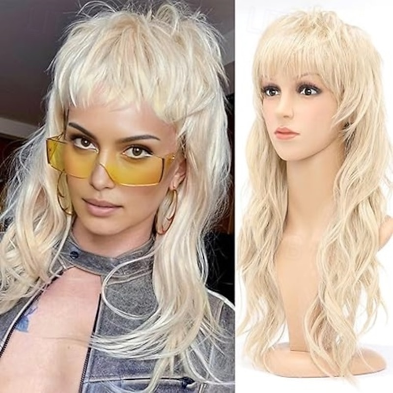 80s 90s Mullet Wigs Pixie Cut Wigs with Bangs for Black Women, Wolf Wig Wavy Long Synthetic Split Wigs with Fringe Mullet Wig for Women Long Cosplay wig Halloween Wigs3
