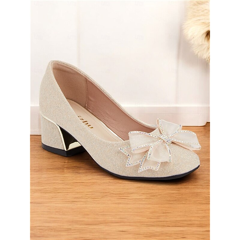 Women's Gold Glitter Block Heel Pumps with Bow Decoration - Elegant Party and Evening Shoes