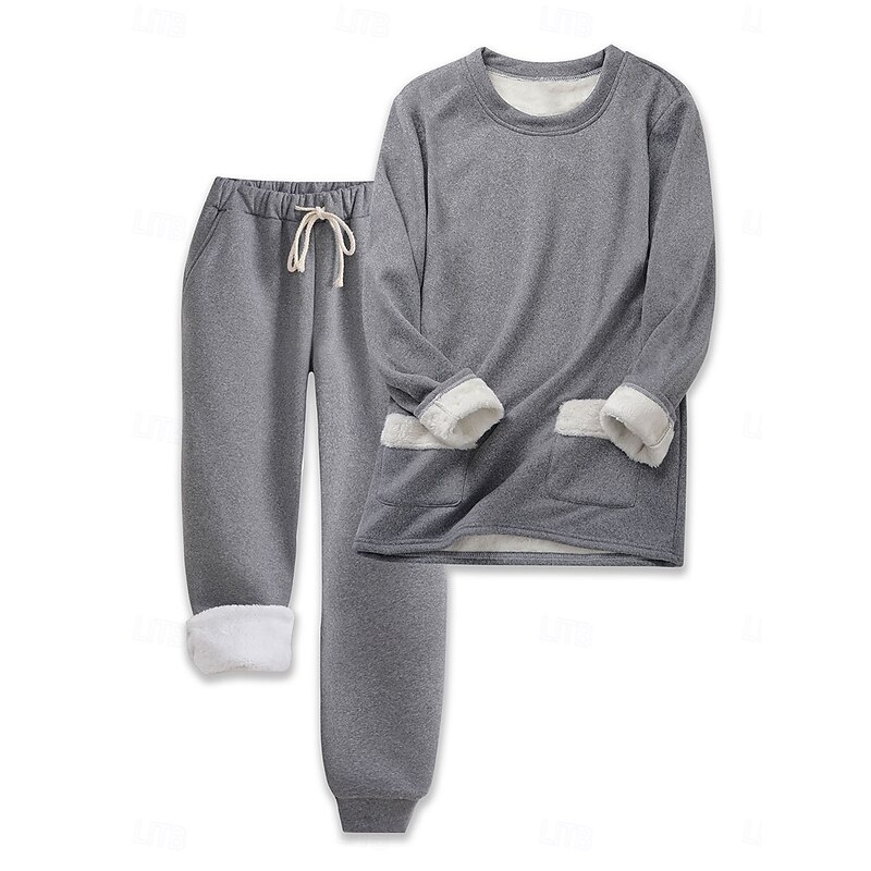 Women's Pajamas Set Fleece Lined 2 Pieces Sweatshirt Tracksuits Daily Fleece Pants Long Sleeve Crew Neck Plain Casual Black Dark Pink Blue Fall Regular Fit