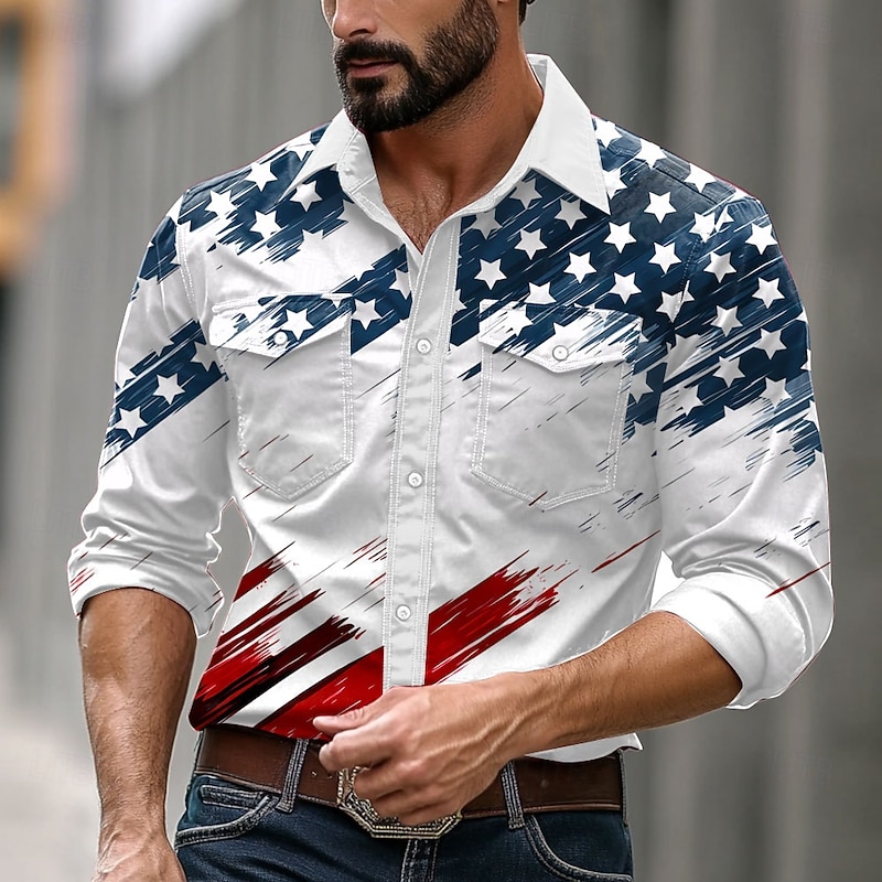 Men's American US Flag Cowboy Western Shirt Button Up Shirt Cowboy Shirt Long Sleeve Casual Formal Daily Holiday Fall Winter Spring & Summer Turndown Collared Shirts Button Up Pocket 3D Print White