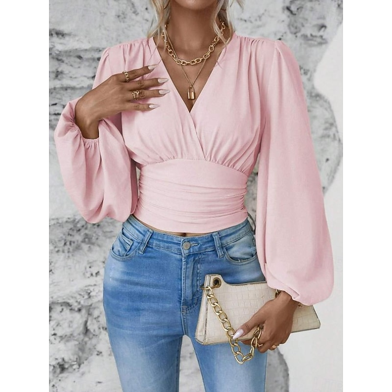 Women's Blouse Stylish Modern Solid Color Ruched Bell Sleeve Long Sleeve V Neck Work Daily Black White Pink Green Spring Fall Winter