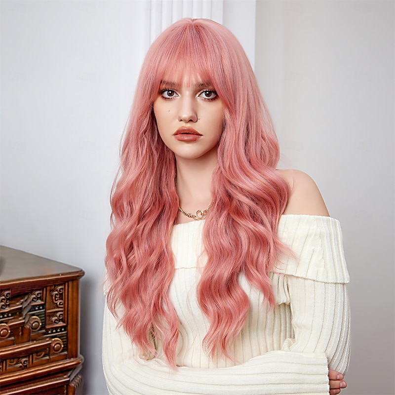Synthetic Wig Curly Wavy Neat Bang With Bangs Machine Made Wig 26 inch Gold Pink Synthetic Hair Women's Cute Cosplay Party Pink3