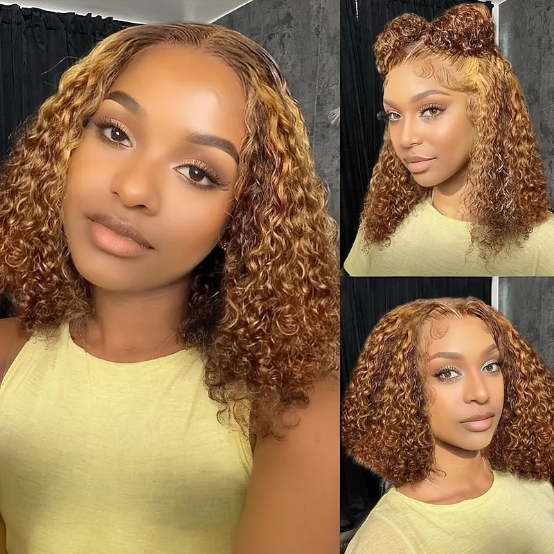 Unprocessed Virgin Hair 13x4 Lace Front Wig Short Bob Brazilian Hair Deep Curly Afro Kinky Curly Orange Burgundy Multi-color Wig 130% 150% 180% Density with Baby Hair Highlighted / Balayage Hair 100