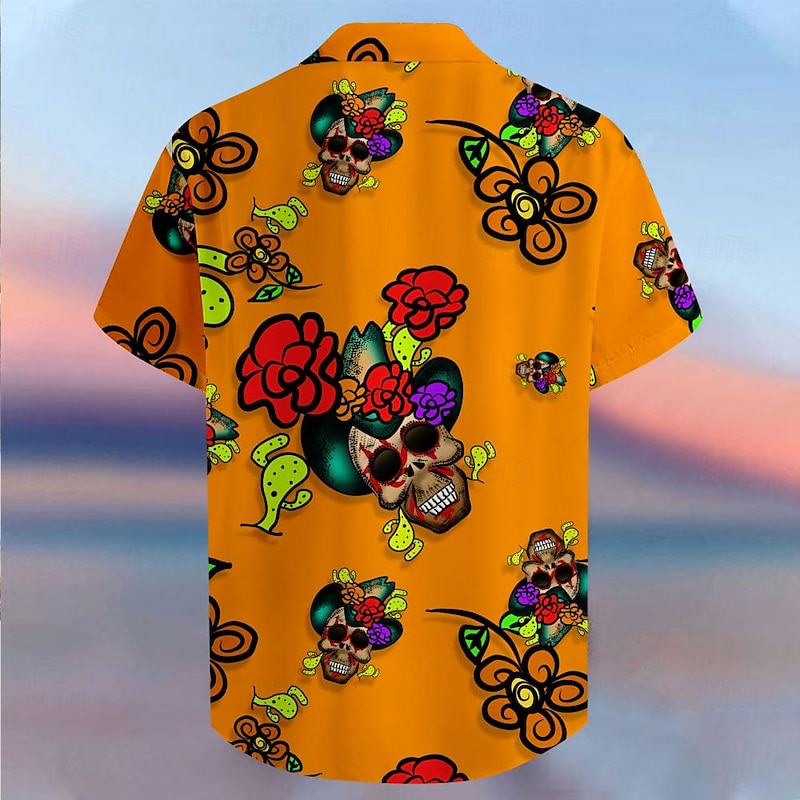 Men's Floral Skull Tropical Flowers Summer Hawaiian Shirt Button Up Shirt Aloha Shirt Short Sleeve Shirt Collared Shirts Hawaiian Casual Vacation Party Evening Wear Daily Purple Fuchsia Orange S M L2