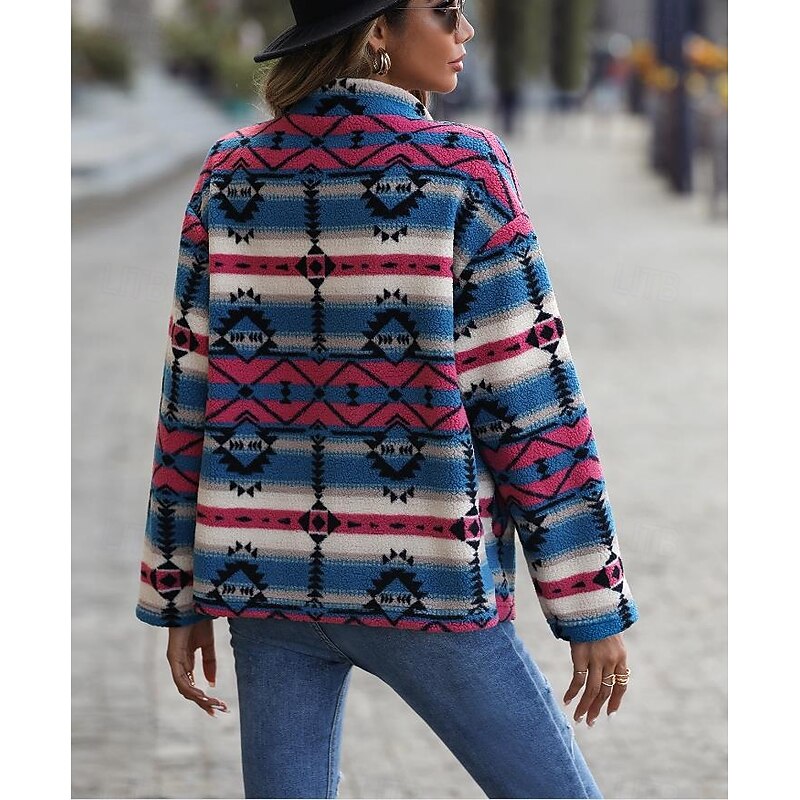 Women's Winter Coat Athleisure Holiday Daily Wear Fall Winter Regular Coat Stand Collar Regular Fit Stylish Casual Jacket Long Sleeve Geometric Slim Fit Blue 5