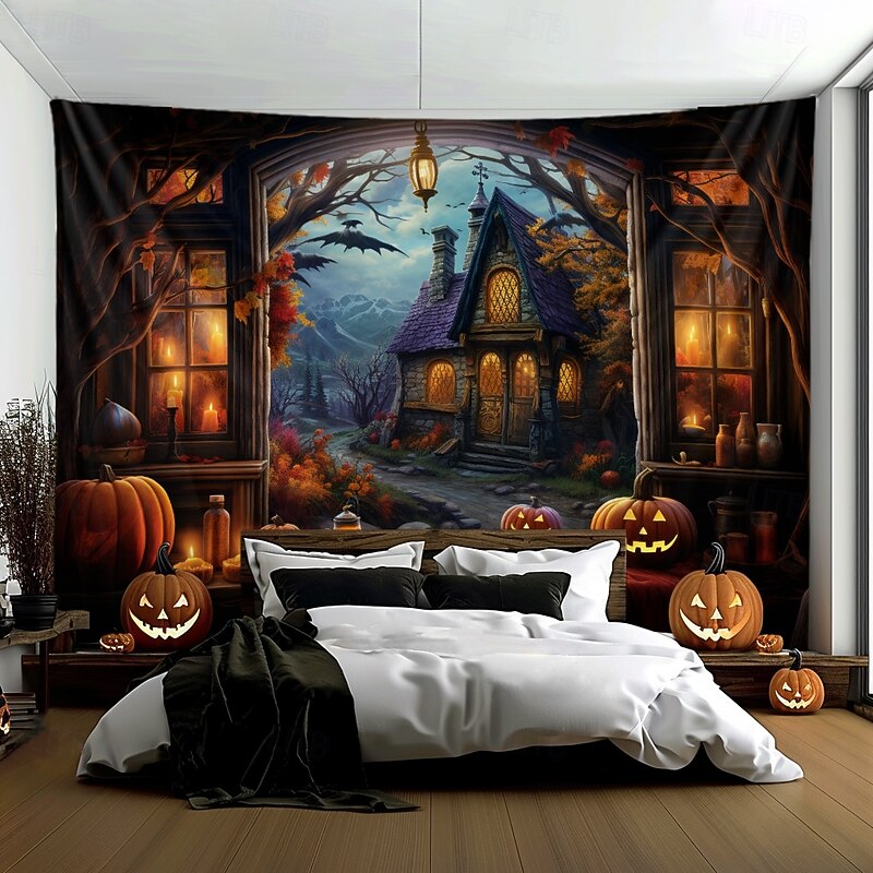Halloween Decorations Pumpkins Window Hanging Tapestry Wall Art Large Tapestry Mural Decor Photograph Backdrop Blanket Curtain Home Bedroom Living Room Decoration 9