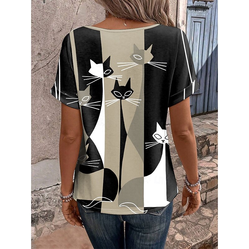 Women's T Shirt Casual Color Block Cat Print Short Sleeve Regular Tops V Neck Daily Khaki Summer2