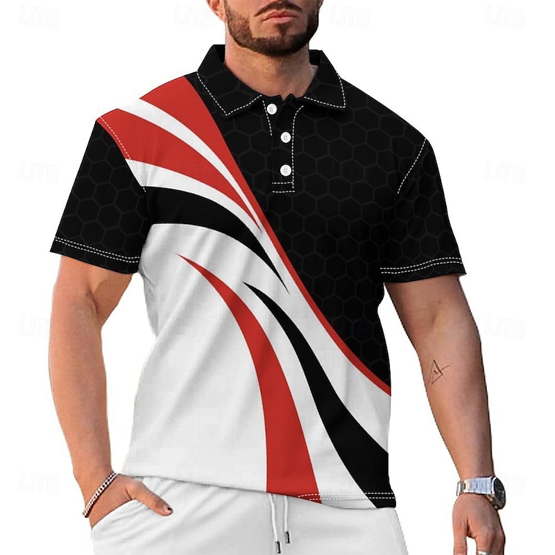 3D Line Men's Casual Print Polo Set Casual Daily Wear 95% Polyester 5% Spandex Short Sleeve Turndown Polo Shirts White Spring & Summer S M L Micro-elastic Lapel Polo2