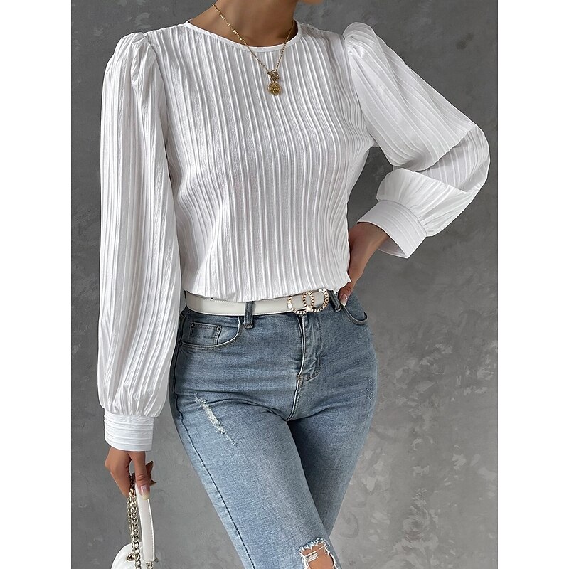 Women's Tunic Elegant Casual Solid Color Lantern Sleeve Long Sleeve Regular Tops Crew Neck Daily White Wine Blue Purple Spring Fall3