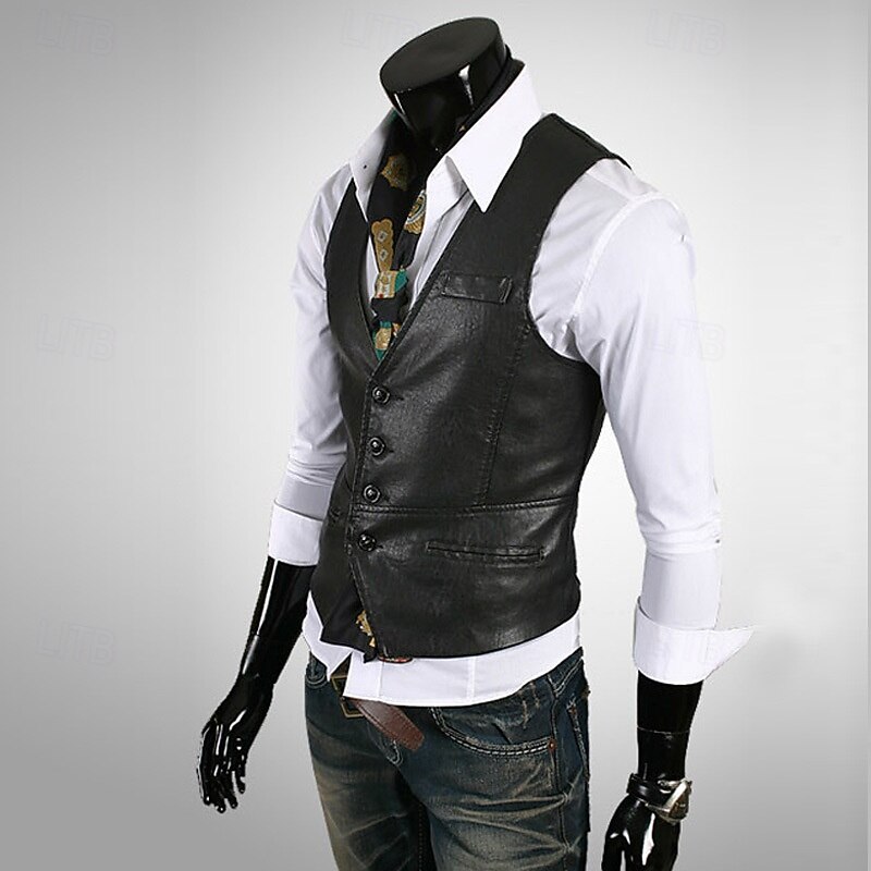 Men's Vest Gilet Leather Vest Daily Date Vacation Fashion Casual Spring &  Fall Button Pocket Polyester Comfortable Plain Single Breasted One-button V Neck Regular Fit Black Brown Vest2