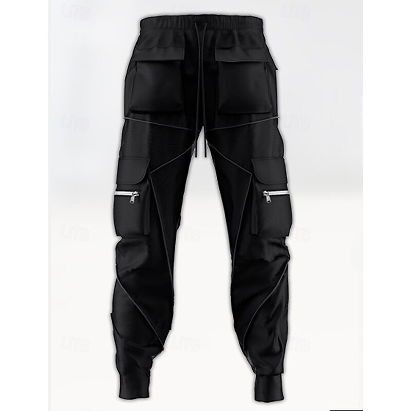 Men's Cargo Pants Trousers Casual Pants Drawstring Multi Pocket Reflective Strip Plain Comfort Soft Full Length Outdoor Daily Going out Fashion Streetwear Black White Micro-elastic4