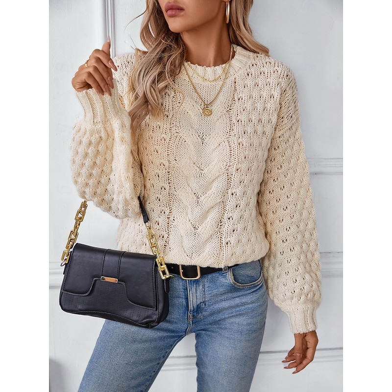 Women's Sweater Stylish Solid Color Chunky Crew Neck Braided Long Sleeve Long Tops Knit Work White Beige Fall Winter4
