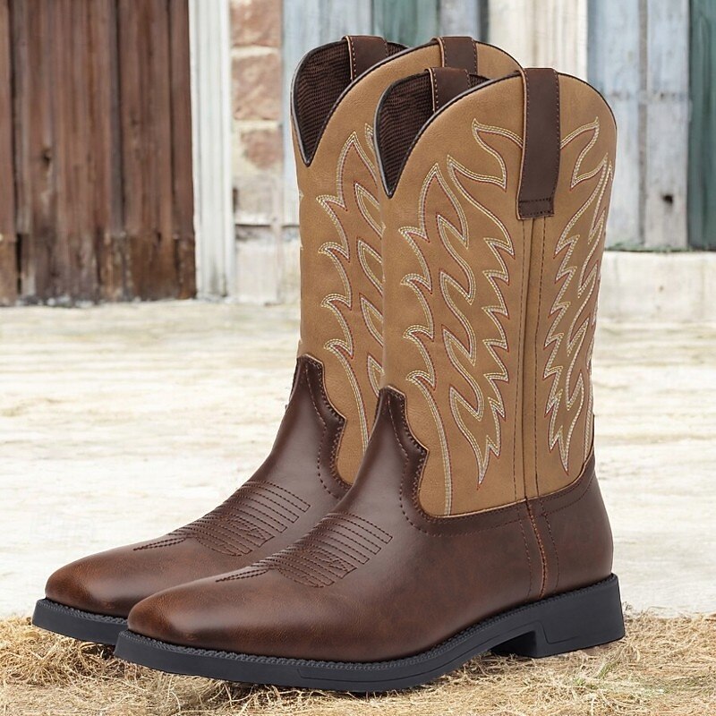 Men's Brown Western Cowboy Boots - Faux Leather with Embroidered Details for Classic Outdoor Style