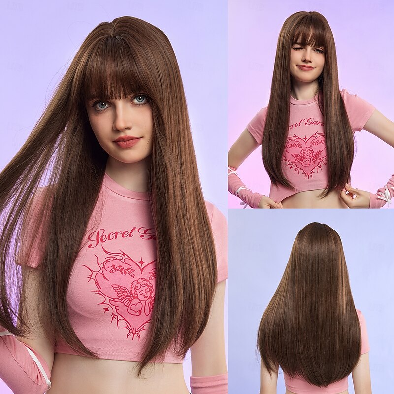 Synthetic Wig Uniforms Career Costumes Princess Straight kinky Straight Middle Part Layered Haircut Machine Made Wig 24 inch Dark Brown Synthetic Hair Women's Cosplay Party Fashion Brown