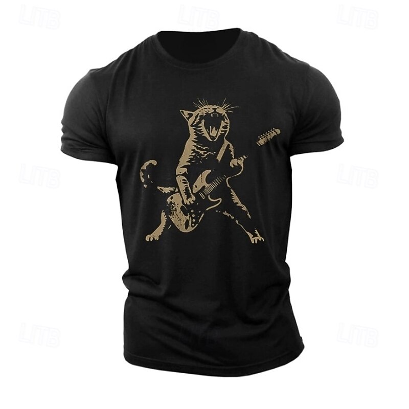 Men's Short Sleeve Graphic T-Shirt featuring a Rock and Roll Cat Playing Guitar - Ideal for Music Lovers