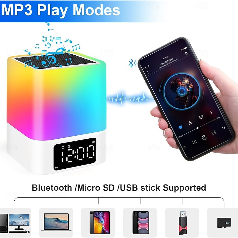 LED Smart Light Speaker with Alarm Clock, Wireless Bluetooth Multi-Color Bedside Lamp, 7-Color Changing, Timer Wake-Up Light, Perfect Christmas and Birthday Gift for Teenage Boys and Girls2