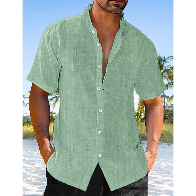 Men's Linen Shirt Guayabera Shirt Band Collar Shirt Summer Shirt Beach Wear Casual Shirt Plain Vacation Curise Black White Blue Green Short Sleeve Stand Collar Summer Clothing Apparel