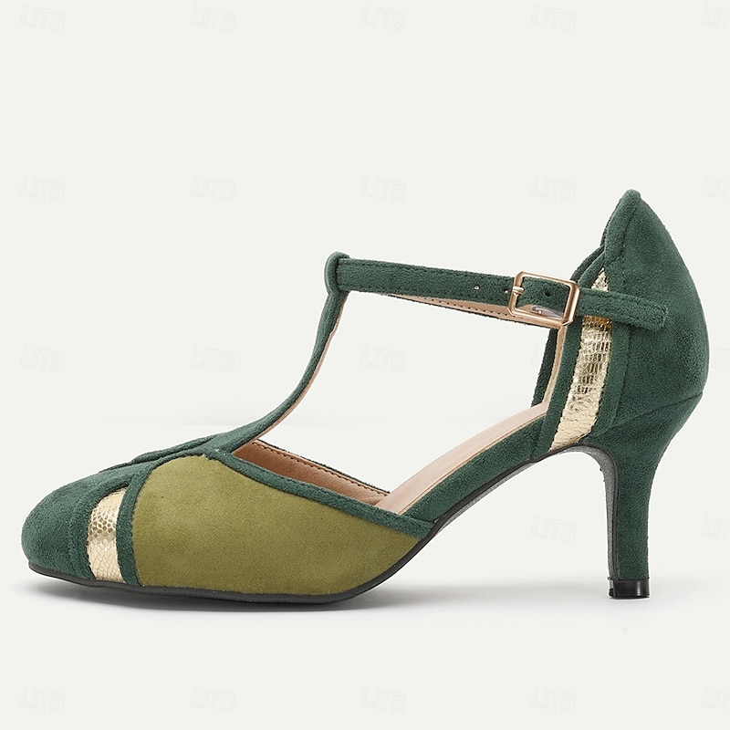 Women's Vintage Green & Gold Suede T-Strap Heels, Retro-Inspired Fashion Shoes for Special Occasions and Everyday Elegance4