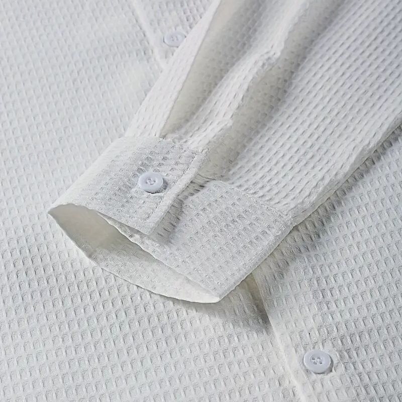 Men's Waffle Shirt Summer Shirt Casual Shirt Waffle Knit Shirt White Light Green Pink Dark Gray Apricot Long Sleeve Fashion Solid / Plain Color Turndown Vacation Holiday Clothing Apparel Cotton3