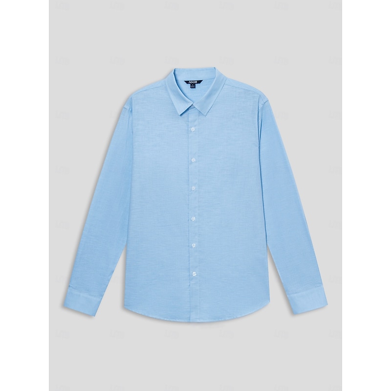 Men's Shirt Linen Shirt Blue Long Sleeve Solid Color Fold-over Collar Spring & Summer Street Daily Clothing Apparel3