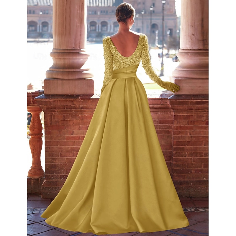 A-Line Evening Gown Elegant Dress Formal Floor Length Long Sleeve Jewel Neck Satin with Glitter Slit2