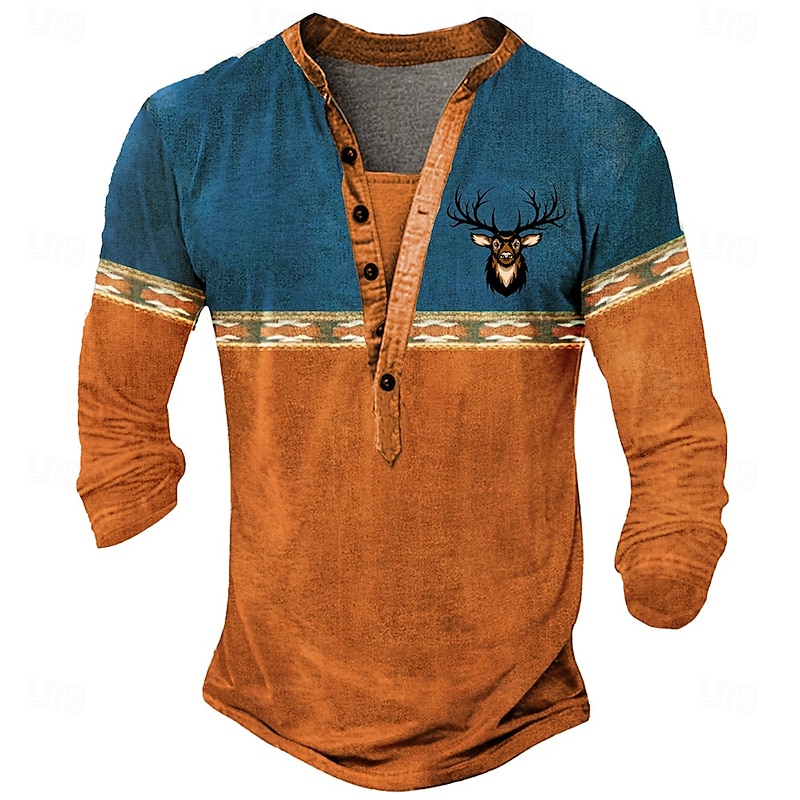 Men's Oktoberfest Deer Henley Shirt Long Sleeve 3D Printing Sports Fashion Daily Street Casual Daily Winter Spring &  Fall Blue Brown Green Henley Henley T-Shirt