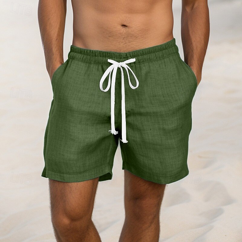 Men's Shorts Linen Shorts Summer Shorts Drawstring Elastic Waist Straight Leg Plain Comfort Breathable Above Knee Casual Daily Holiday Fashion Classic Style Black White2