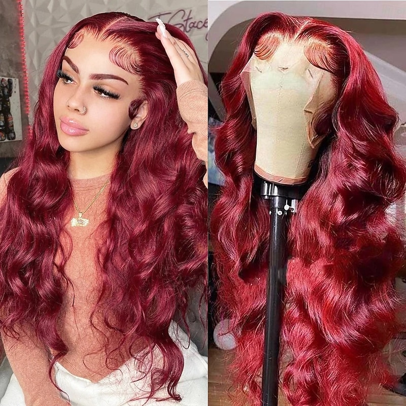 Remy Human Hair 13x4 Lace Front Wig Free Part Vietnamese Hair Body Wave Natural Straight Burgundy Wig 150% Density with Baby Hair Glueless Pre-Plucked For wigs for black women Long Human Hair Lace Wig