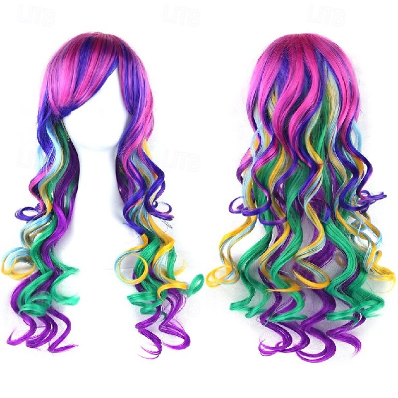 Synthetic Hair Ombre Rainbow Cosplay Wig with Bangs Red Yellow Purple Green Blue Wigs for Black Women Halloween Cosplay Party Wigs2