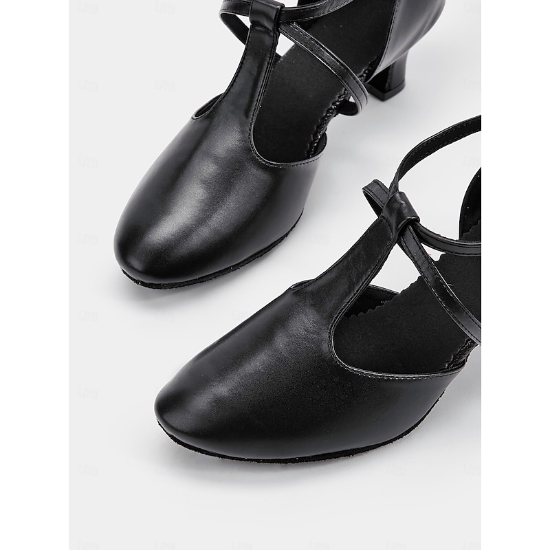 Black Faux Leather Dance Shoes with Cross Strap Design – Women's Comfortable Ballroom and Latin Dance Heels4