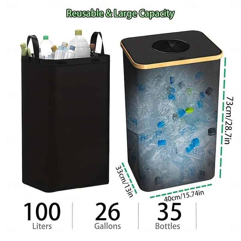 Recycling Bin Set with Removable Storage Bag, 26 Gallon / 100L Foldable Bottle Recycling Station for Glass, Paper, Plastic, Cans and Metal, Large Capacity Waste Sorting Container for Home or Kitchen3
