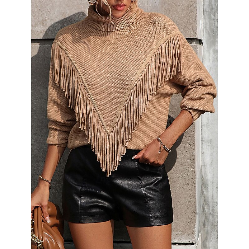 Women's Sweater Pullover Sweater Jumper Casual Sweater Casual Soft Solid Color Ribbed V Neck Tassel Knitted Long Sleeve Regular Tops Knit Outdoor Daily Weekend Blue Khaki Fall Winter