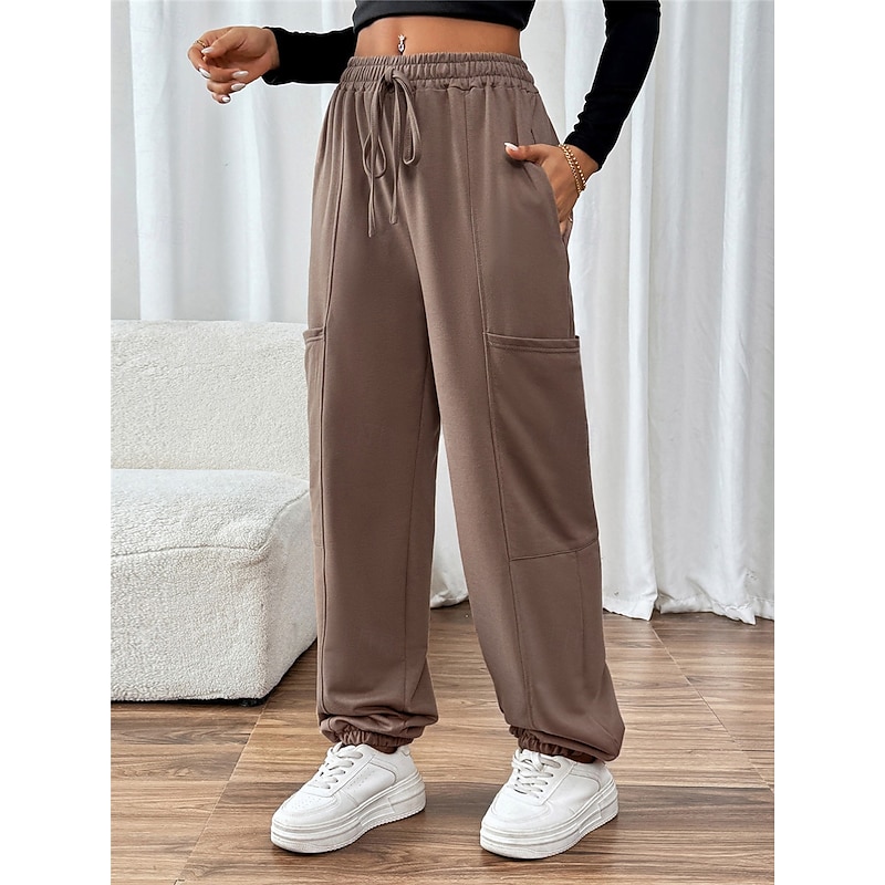 Women's Sweatpants Chinos Fashion Streetwear Full Length High Waist Plain Pocket Elastic Waistband Comfy Soft Comfortable Micro-elastic Outdoor Street Brown Fall Winter Regular Fit2