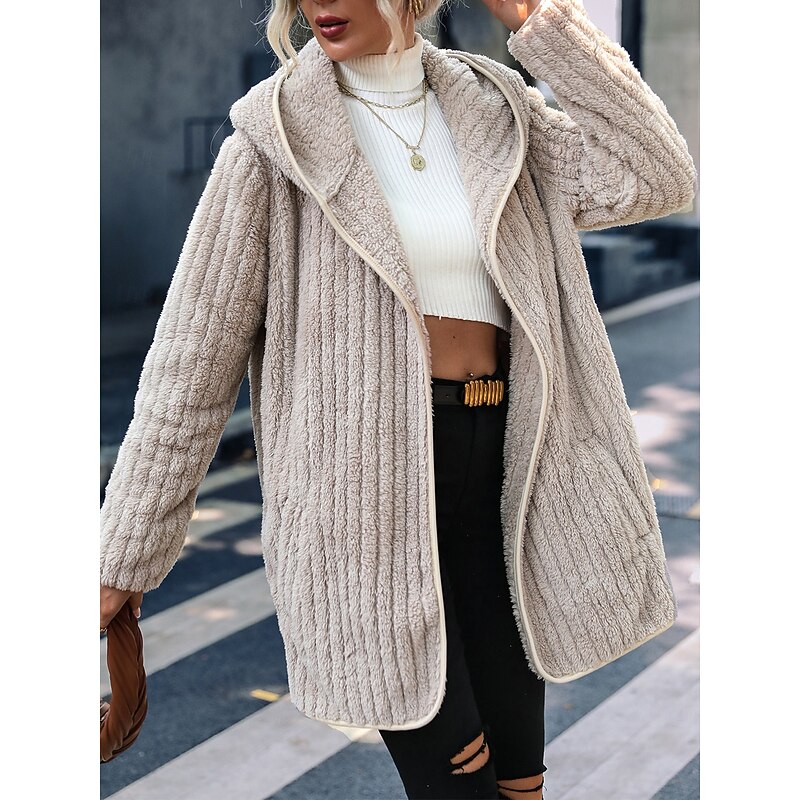 Women's Sherpa Jacket Teddy Coat Warm Zipper Pocket Fashion Casual Plain Work Open Front Turndown Loose Fit Long Sleeve Outerwear Black Red Gray Fall Winter
