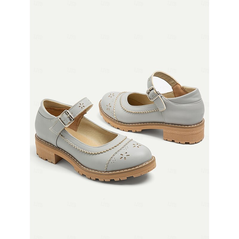 Women's Vintage Mary Jane Flats - Grey Leather with Cutout Floral Design and Buckle Strap, Perfect for Casual and Formal Wear2