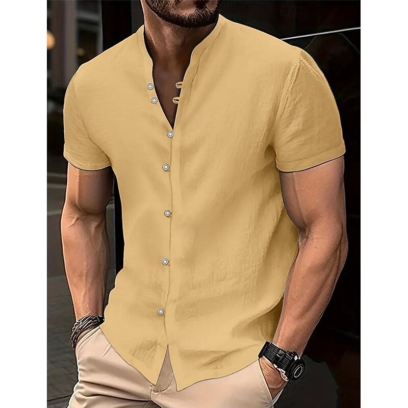 Men's Shirt Linen Shirt Summer Shirt Beach Wear Band Collar Shirt Button Up Shirt Plain Vacation Casual Black White Yellow Blue Short Sleeve Collar Summer Clothing Apparel4