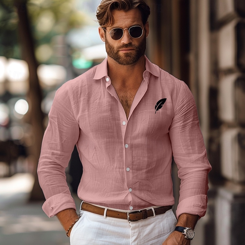 Men's Linen Shirt Leaf Outdoor Vacation White Pink Green Gray Long Sleeve Collar Spring &  Fall Clothing Apparel Button Up4