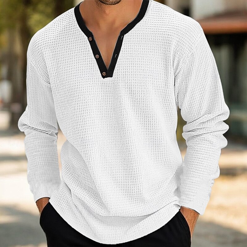 Men's Waffle Henley Shirt Tee Top Long Sleeve Shirt Solid Color V Neck Outdoor Casual Long Sleeve Patchwork Button Clothing Apparel Fashion Designer Comfortable