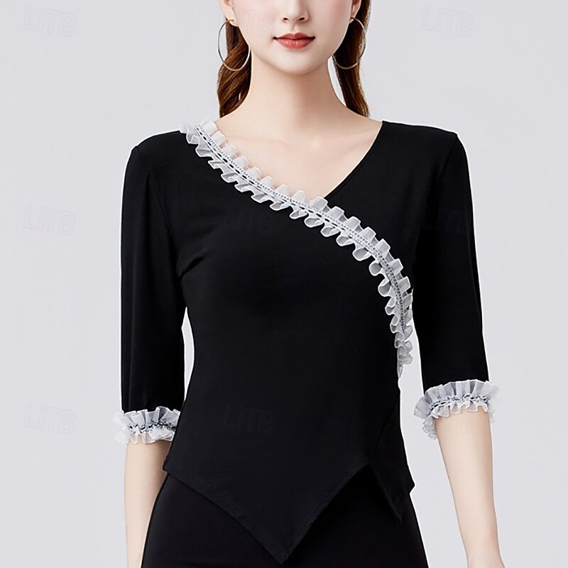 Latin Dance Top Pure Color Ruffle Splicing Women's Performance Training Half Sleeve High Polyester4