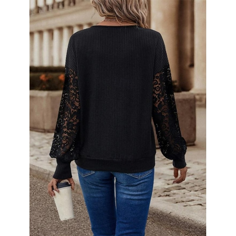 Women's Blouse Stylish Modern Solid Color Lace Eyelet Long Sleeve V Neck Daily Black White Spring Fall4