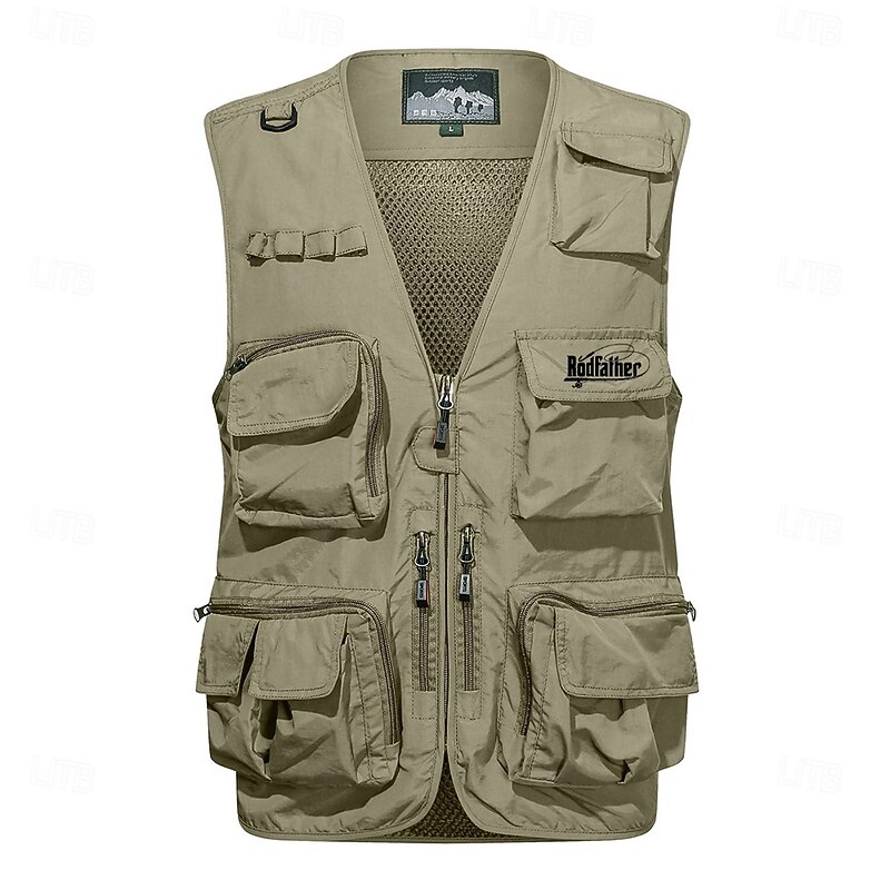 Men's Letter Printed Vest Waistcoat Gilet Tactical Practical Removable Casual Sports Outdoor Fishing Photography Side Pockets Quick Dry Mesh Fall Winter Collarless Sleeveless khaki Army Green Dark