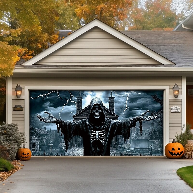 Halloween Door Decorations Outdoor Halloween Garage Door Cover Jack O Lantern Banner Pumpkin Skeleton Death Outside Large Backdrop Decoration for Holiday Outdoor Garage Door Home Wall Decorations - Main Image