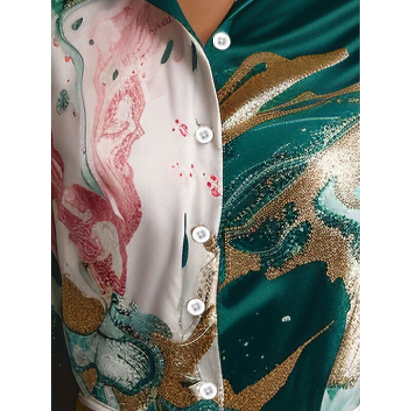 Women's Shirt Long Sleeve Button Down Blouse Elegant Stylish Business Print Regular Tops Shirt Collar Work Green Summer Fall Winter3