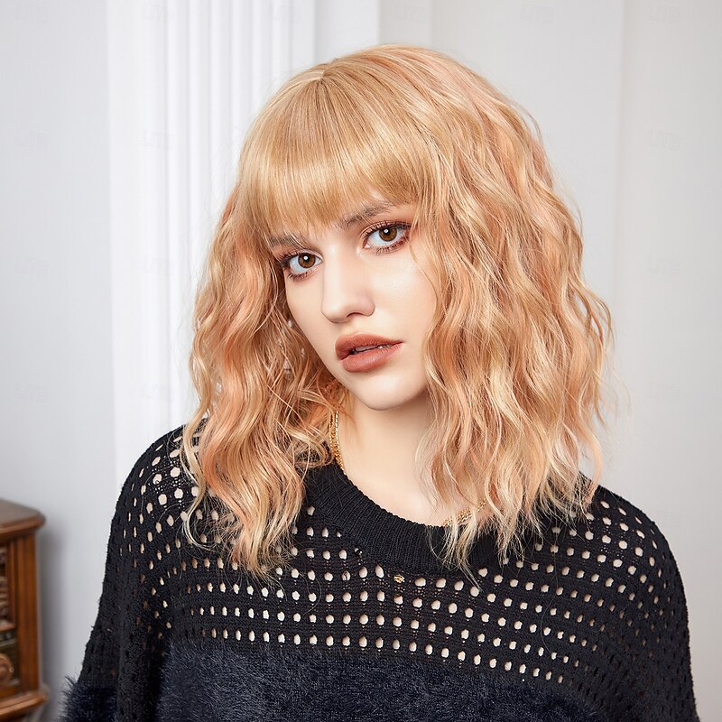 Cosplay Costume Wig Curly Bouncy Curl Bob Neat Bang With Bangs Wig 14 inch Gold Pink Synthetic Hair Women's Elastic Adorable Comfortable Pink4