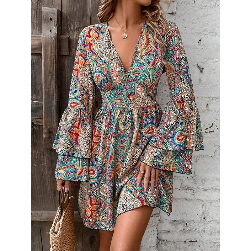 Women's Mini Dress Petite Dress Casual Dress Boho Dress Elegant Flared Sleeve Vacation Daily Date Loose Fit Graphic Long Sleeve V Neck Colourful Spring Fall3